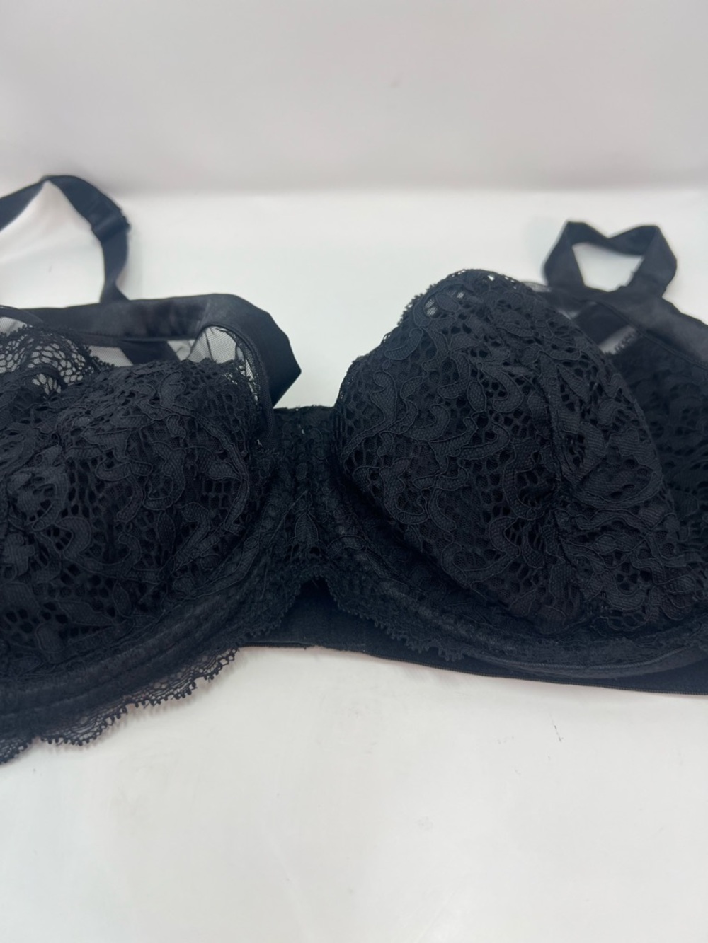 Cacique Bra 46C Black Underwire Lace Satin Trim Sexy Sheer  Accent